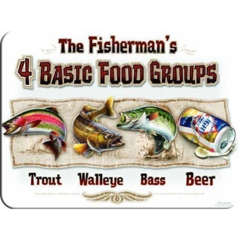 Fisherman's 4 Basic Food Groups Cutting Board Tempered Glass Trout Bass Beer NEW